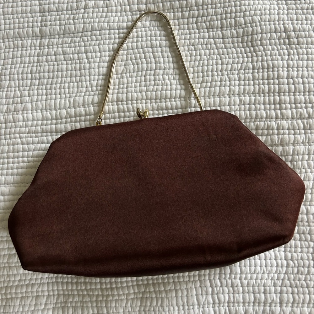Burgundy/Brown Vintage Satin Clutch Purse with Gold Chain Detail & Coin Pouch - Picture 3 of 12